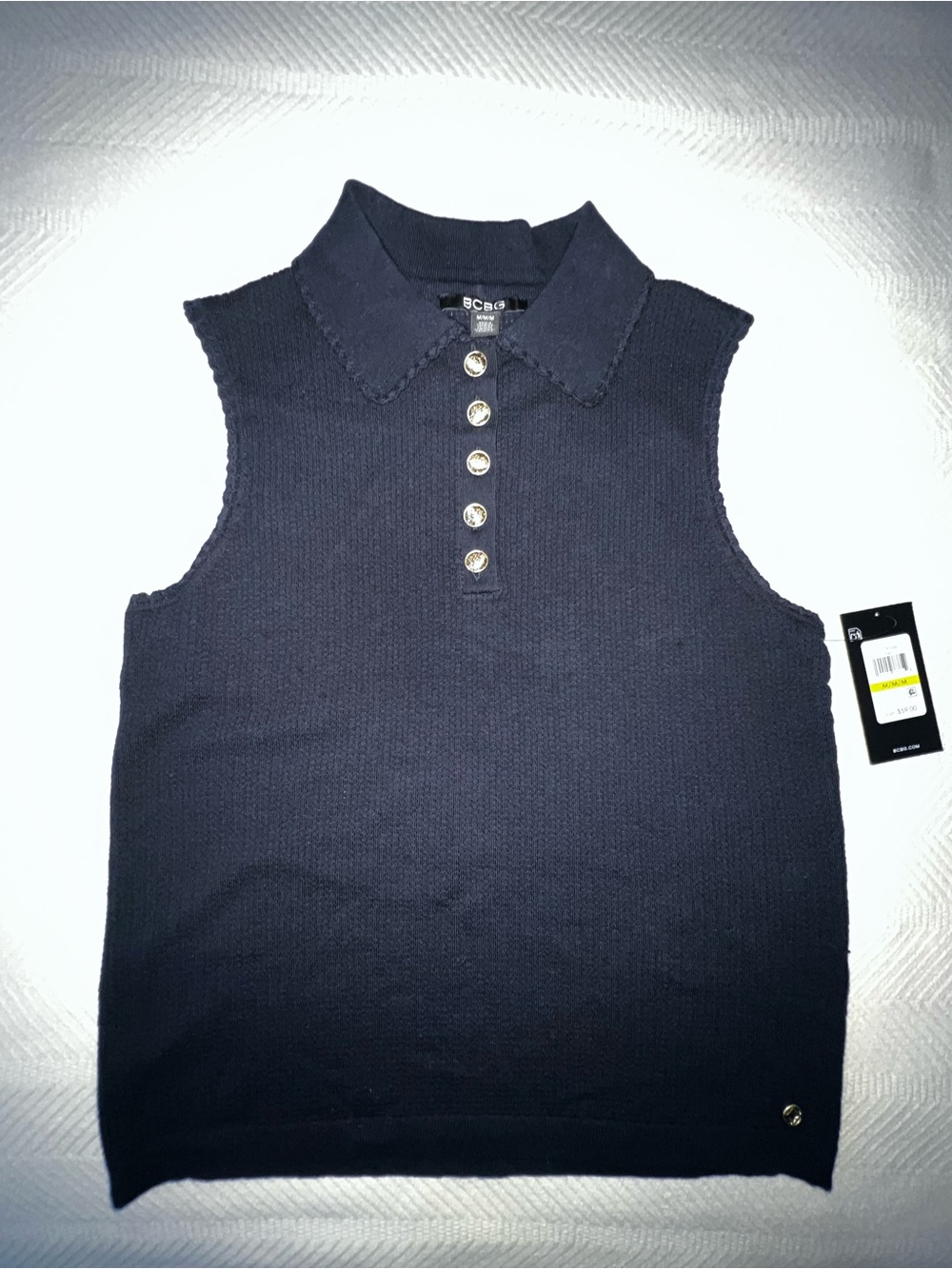 BCBG Sleeveless Navy Knit Polo Tank with Button Placket